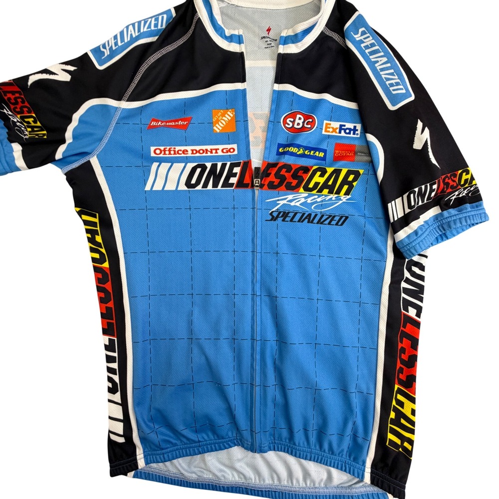 Specialized One Less Car Racing Cycling Jersey Blue Black Full Zip Mens Large
